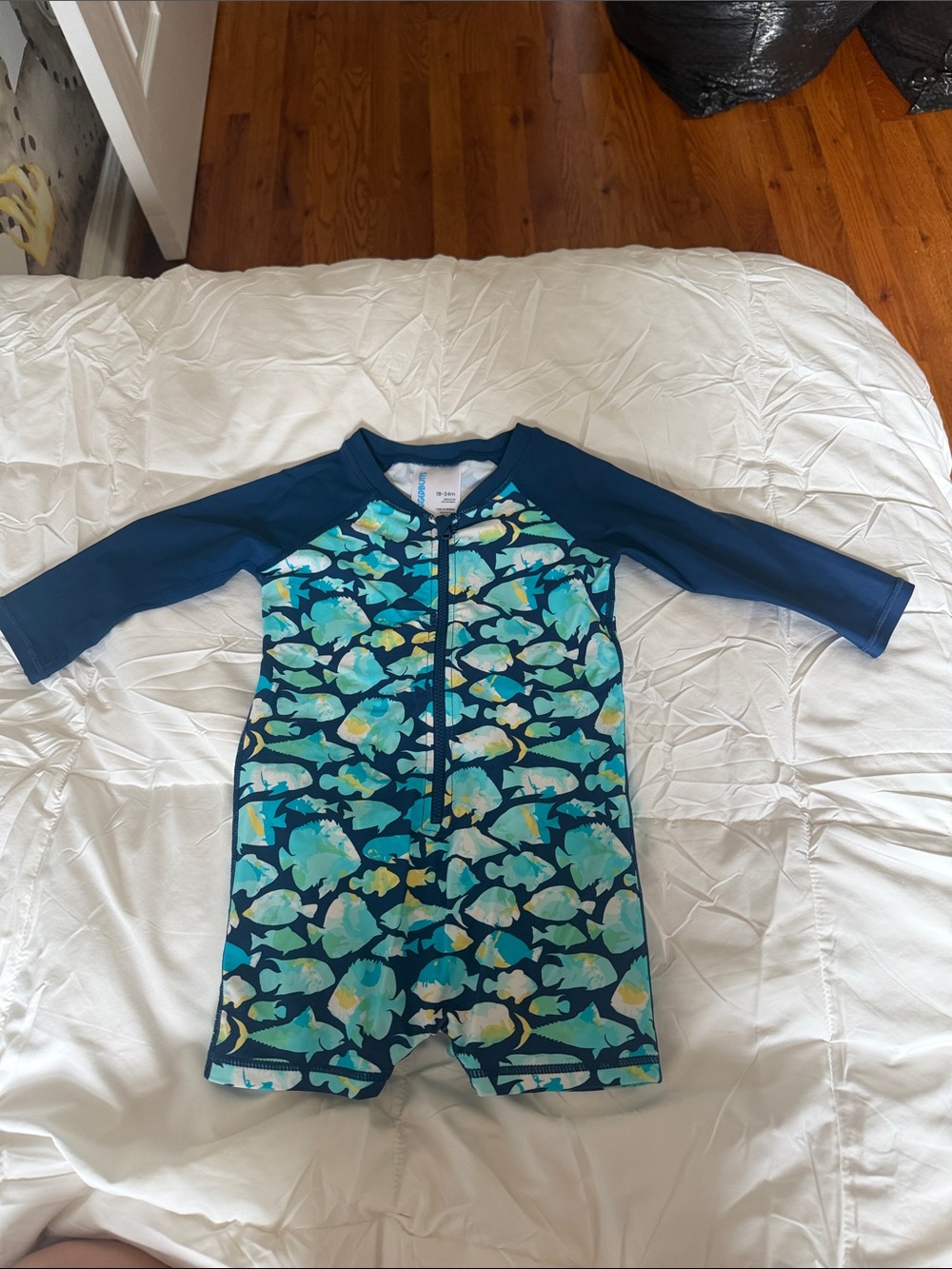 Navy and Teal Fish-Print Kids Rashguard Swimsuit